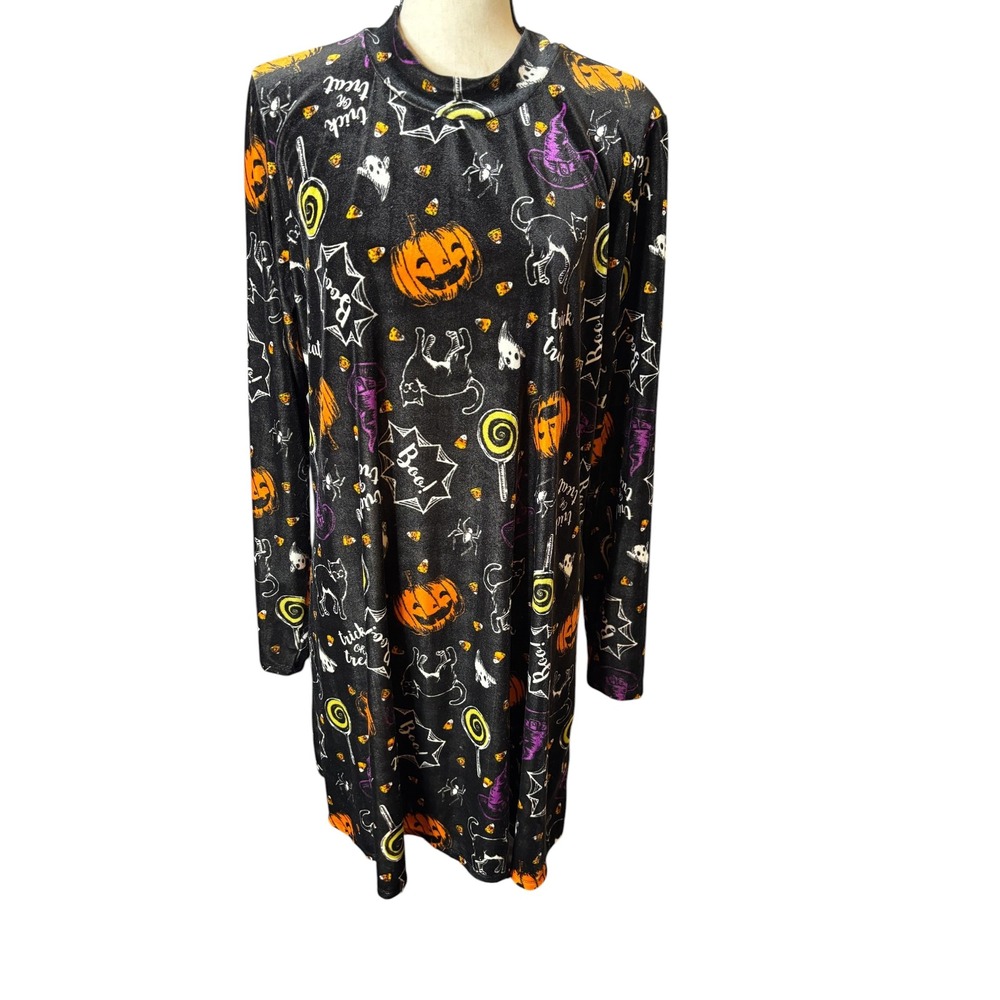 Xhilaration Halloween Velvet Dress Womens XXL Black Pumpkin Cat Mock Neck